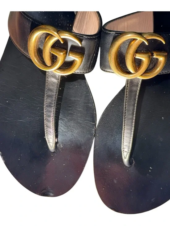 Authentic GucciI Marmont Black Leather Thong Sandals with Gold Double GG sz 38 - Picture 3 of 4